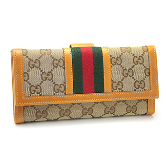 GUCCI グッチ 財布 コピー 258037 FWCZG 9772 キャンバス ウェビング 2つ折り長財布 ベージュ/オレンジ